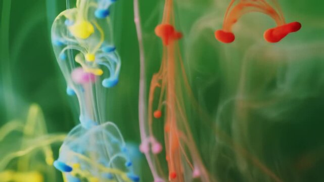 An extreme close-up video captures vibrant blue, yellow, pink, and red abstract pigments dissolving slowly in viscous emerald green liquid, creating intricate patterns with soft focus and bokeh.