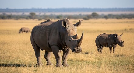 Obraz premium A rhino and its calf in a vast African savanna, grazing under the warm sunlight