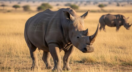 Obraz premium A rhinoceros stands proudly in the African savanna, with another rhino in the distance