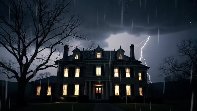 Static wide video: solitary two-story house at night, windows glow. Lightning illuminates gabled roof, skeletal trees, stormy sky, gothic suspense atmosphere.