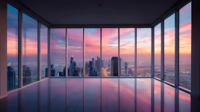 Real estate business market, house home building purchase sale. A breathtaking view of a city skyline at dusk from a highrise building. The sky is painted with a mix of vibrant oranges, pinks.