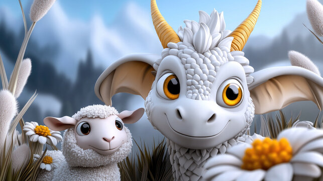 Stylized Welsh dragon and lamb resting together in a conceptual illustration, representing friendship and Welsh culture for St. David's Day traditions