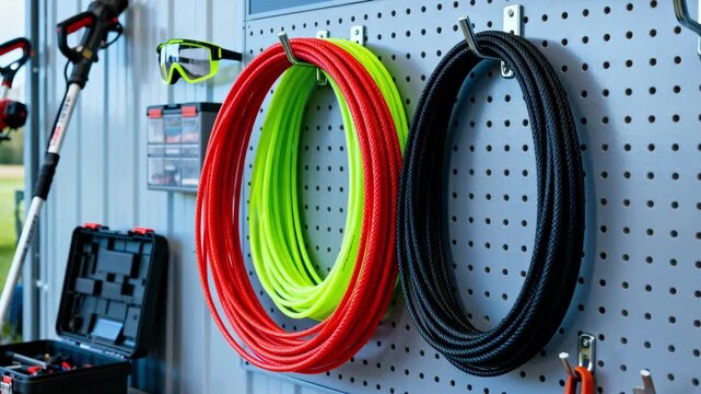 Medium shot of a professional workspace featuring trimmer lines hanging in different sizes and colors emphasizing versatility and outdoor equipment maintenance.