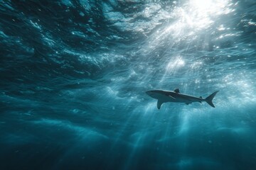 Fototapeta premium A shark gracefully swims through the depths of the ocean, sunlight filtering down, creating an ethereal glow