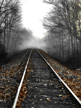railroad tracks in the fog