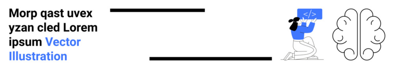 Fototapeta premium Programming, coding education, problem-solving, innovation, brainpower, artificial intelligence. Person holding codeboard standing next to brain icon. Programming and coding education concept