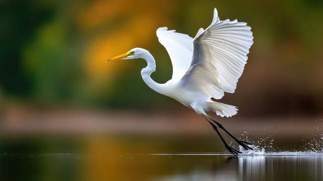 White great egret spreading wings while gracefully landing on calm water, embodying freedom, conservation, and the delicate balance of wild natural habitats. World Wildlife Day