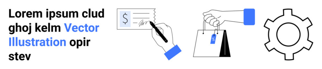 Naklejka premium Signing a check, carrying shopping bags, and a gearwheel symbolizing finance, e-commerce, business workflow, automation, payment solutions, shopping teamwork. Ideal for simple landing page