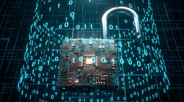 Futuristic Digital Padlock and Cyber Security Concept with Binary Data Streams