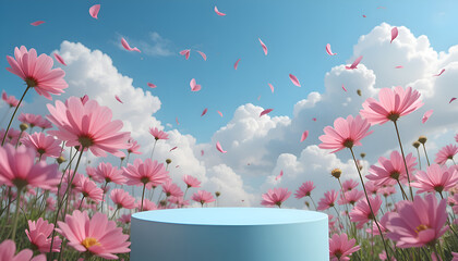 Pink Cosmos Blossoms Under Blue Sky With Podium Seasonal Floral Display Mockup For Summer And Romantic Campaigns