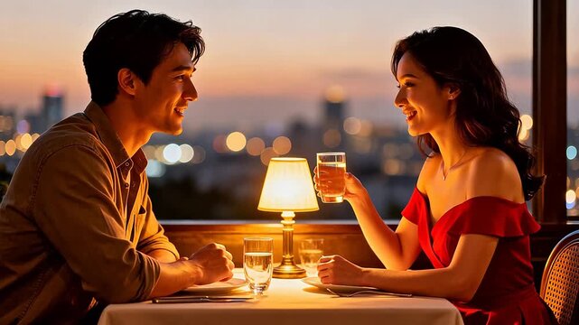 Couple dining at sunset with city view