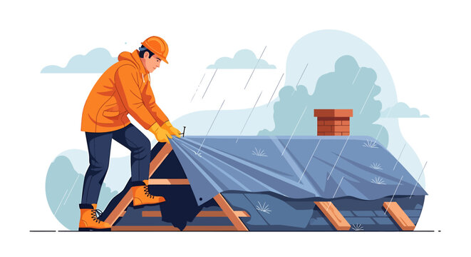 Construction worker covering roof with tarp during rainstorm.