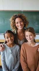 Obraz premium Friendly teacher stands arm in arm with smiling students in a bright classroom, showcasing a warm and supportive educational environment