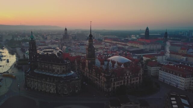 Aerial view of Dresden's Old Town at dawn, circling the Dresden Royal Palace