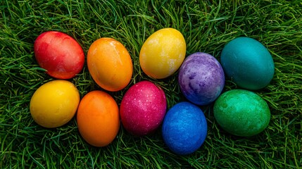 Obraz premium A delightful arrangement of vividly colored Easter eggs nestled in vibrant green grass, embodying the spirit of springtime renewal and joyful holiday celebrations.