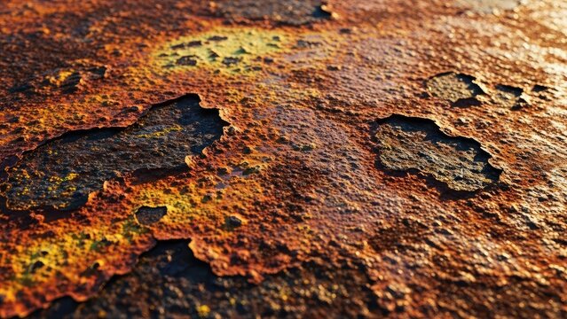 A close-up view of rusty metal with peeling paint and corrosion