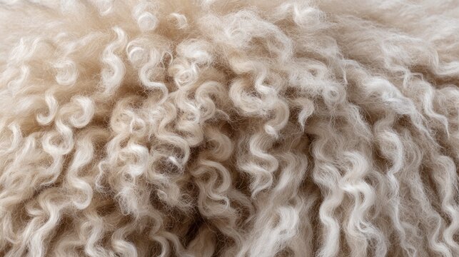 Macro texture of light sheep wool with tight curls showcasing intricate patterns and soft fibers, ideal for textile and design applications