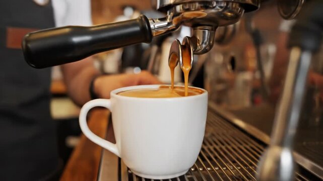 Barista expertly tamping coffee grounds and brewing espresso into a white cup