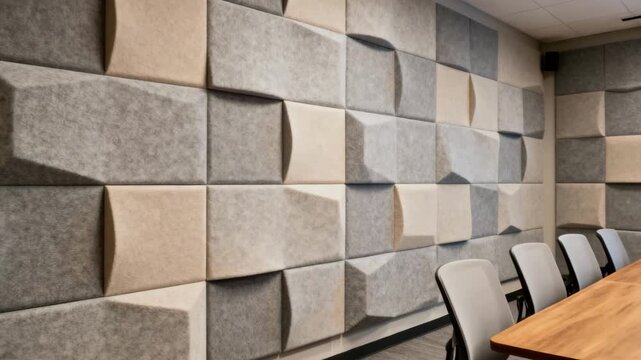 Medium shot focusing on textured noisereduction panels in a conference room illustrating functional soundproofing solutions that reduce echo and improve speech intelligibility.