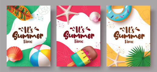 It's summer time greeting text in colorful abstract background clip art with beach ball, popsicle, sea shell, floaters and tropical elements for postcard template vector illustration.   © Larisa