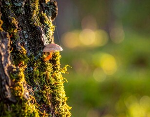 Macro of tree bark with moss and shelf mushrooms in a sunny forest
