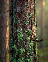 Macro of tree bark with moss and shelf mushrooms in a sunny forest