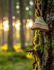 Macro of tree bark with moss and shelf mushrooms in a sunny forest