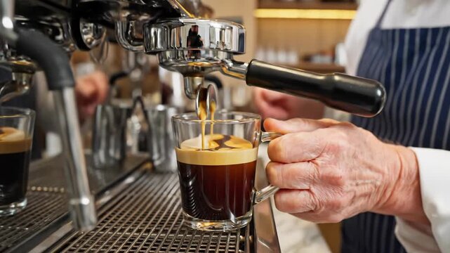 Barista making espresso coffee with professional machine, close-up on brewing process