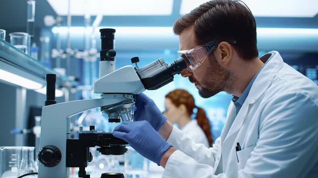 Young caucasian male scientist in a lab coat & blue gloves inspects luminescent sample using pipette & electron microscope in a hyper-modern lab, making notes. Scientific innovation and meticulous