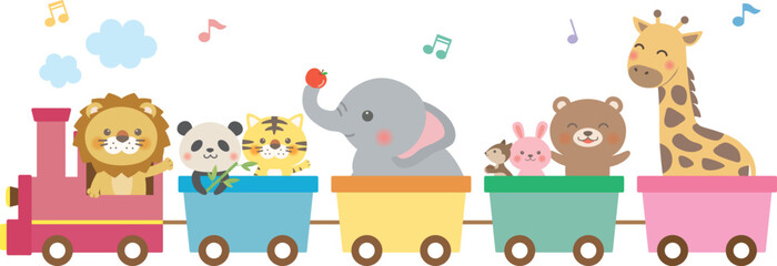Cute animals riding a train illustration for kids