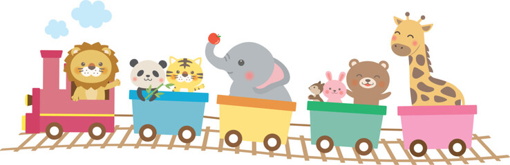 Cute animals riding a train illustration for kids