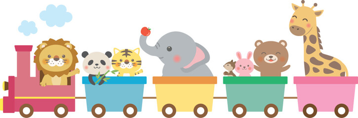 Cute animals riding a train illustration for kids