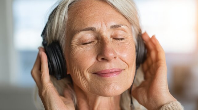 Senior woman with gray hair enjoys music wearing headphones, eyes closed, in a bright indoor setting with soft lighting and blurred background
