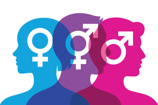 A vibrant illustration of diverse gender identities with colorful silhouettes and symbols