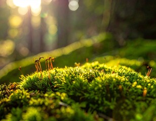 Macro Texture of Mossy Tree Bark with Shelf Mushrooms in Sun-Drenched Forest