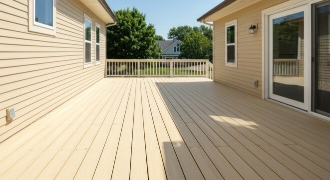 Exterior shot of a large wooden deck between two houses, sunny day