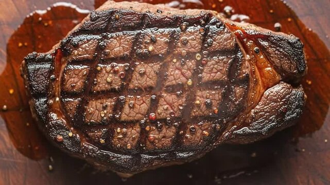 Close-Up of Juicy Grilled Steak with Grill Marks and Seasoning on Wooden Surface