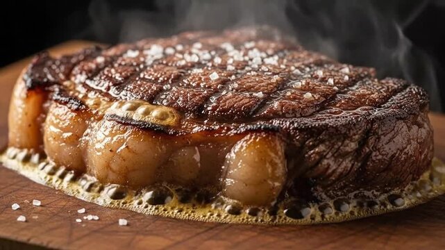 Close-up sequence of a sizzling juicy steak cooked to perfection with grilled char marks and seasoned with salt on a wooden