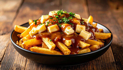 Poutine on Wooden Background