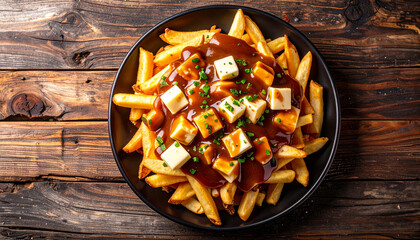 Poutine on Wooden Background