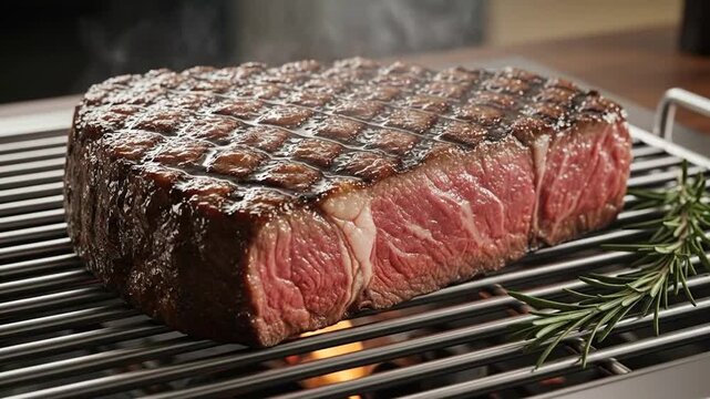 Juicy New York Strip Steak Grilling on Open Flame with Fresh Herbs