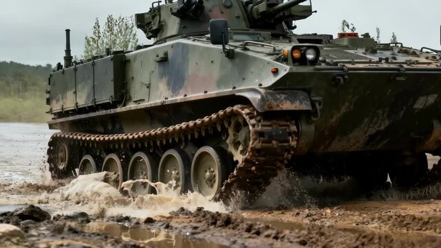 Medium shot capturing an amphibious military vehicle maneuvering through rugged terrain and shallow waters during a tactical training exercise.
