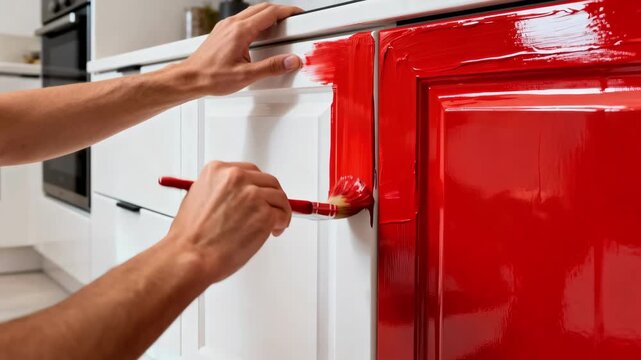Medium shot of hands applying vibrant colored lacquer to kitchen cabinet doors showcasing a modern and bold kitchen refresh technique.