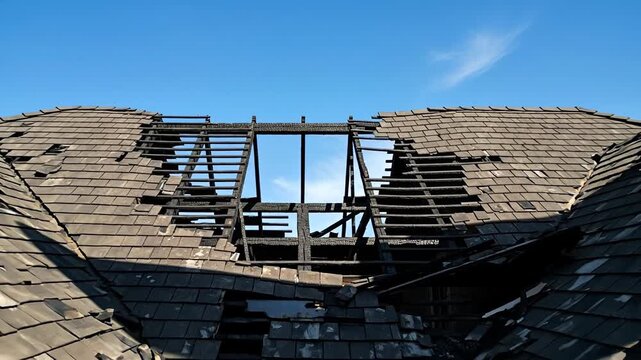 An abandoned roof structure with a collapsed frame against a clear sky.