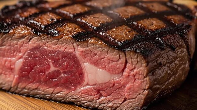 Close-up of a perfectly grilled beef steak with a crosshatch pattern and juicy interior
