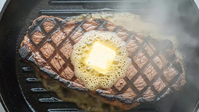 Grilled steak with melting butter preparation process capture