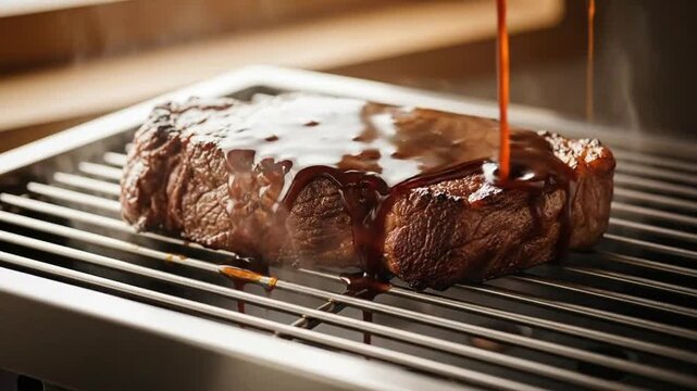Delicious steak cooking process with sauce pouring and steam rising in sequence