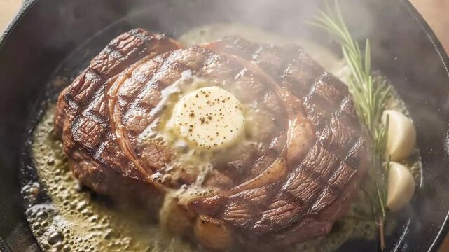 Cooking a perfectly seared ribeye steak with herbs and garlic in a hot skillet
