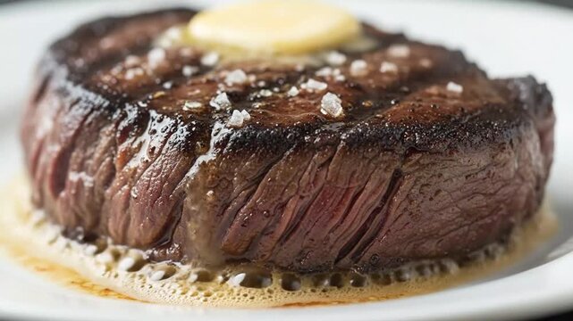 Close-up of a perfectly cooked medium-rare steak topped with butter and salt