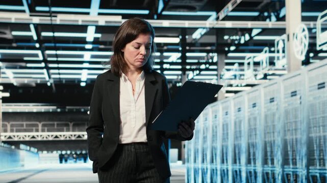 Data center manager inspecting blue wireframe mesh hardware rackmounts. System administrator walking through server hub rows, looking at AR digital twin data streams, camera B